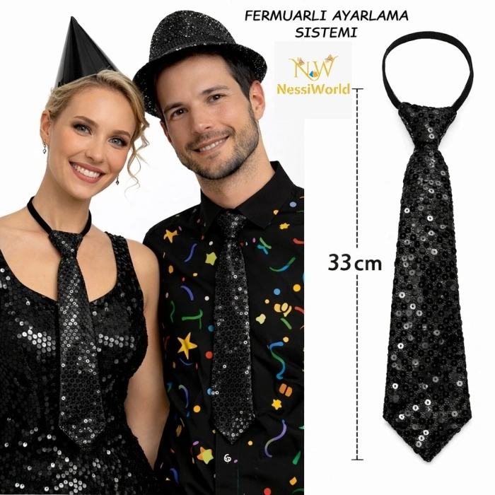 Mey İthalat® Siyah Renk Pul Payetli Işıltılı Parti Kravatı 33 cm