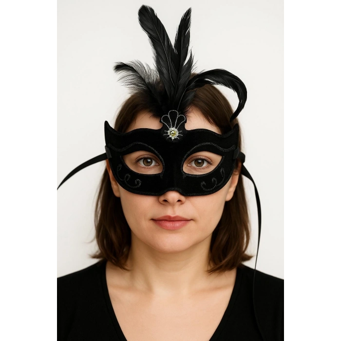 Mey İthalat® Siyah Renk Tüylü Siyah Süet Kaplama Parti Balo Maskesi 20X16 cm