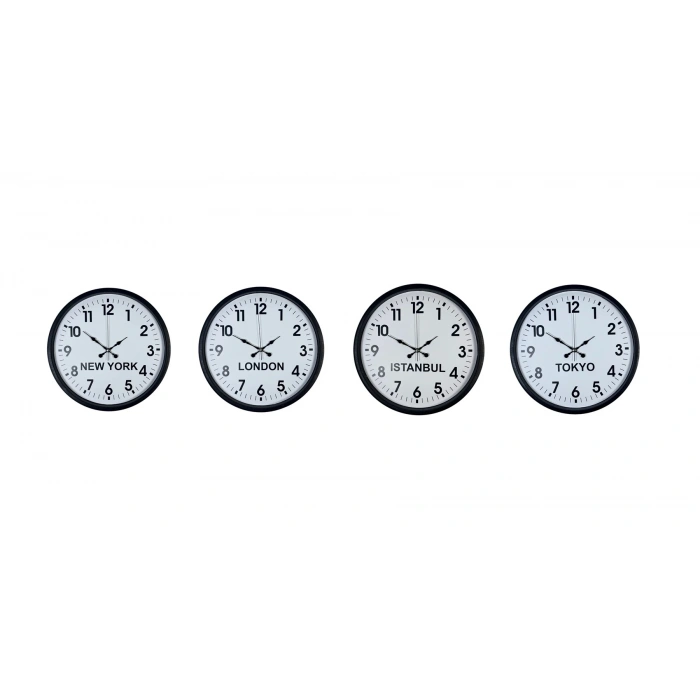 Mey İthalat® Siyah Şık  4’lü Dünya Saat Seti 36 cm