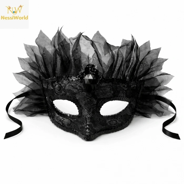 Mey İthalat® Siyah Taşlı Venedik Maskesi Lüks Tüllü Parti Maskesi