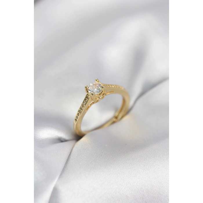 Mey İthalat® Tek Taş Gold Renk Zirkon Taşlı Model Kadın Yüzük