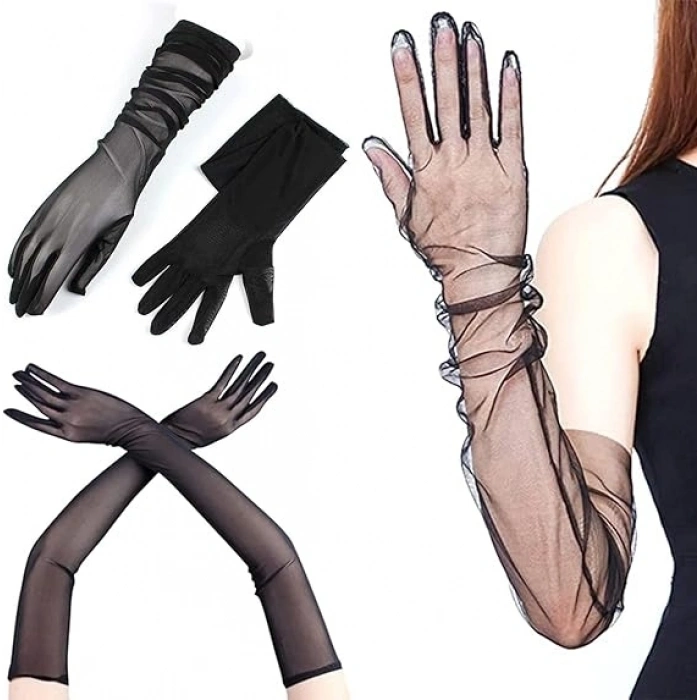 Mey İthalat® Uzun Boy Likralı Siyah Renk Yetişkin Mega Tül Eldiven 53 cm