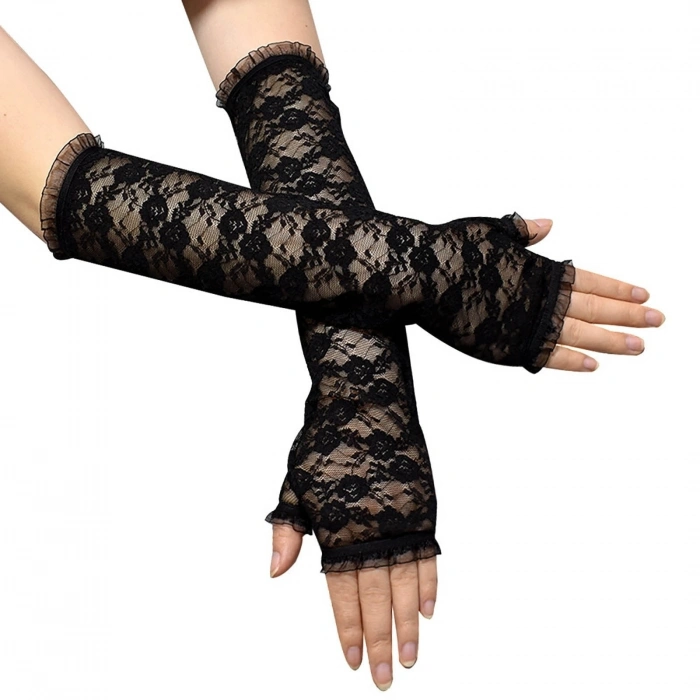 Mey İthalat® Uzun Zarif Dantel Eldiven Parmaksız Siyah 35 cm