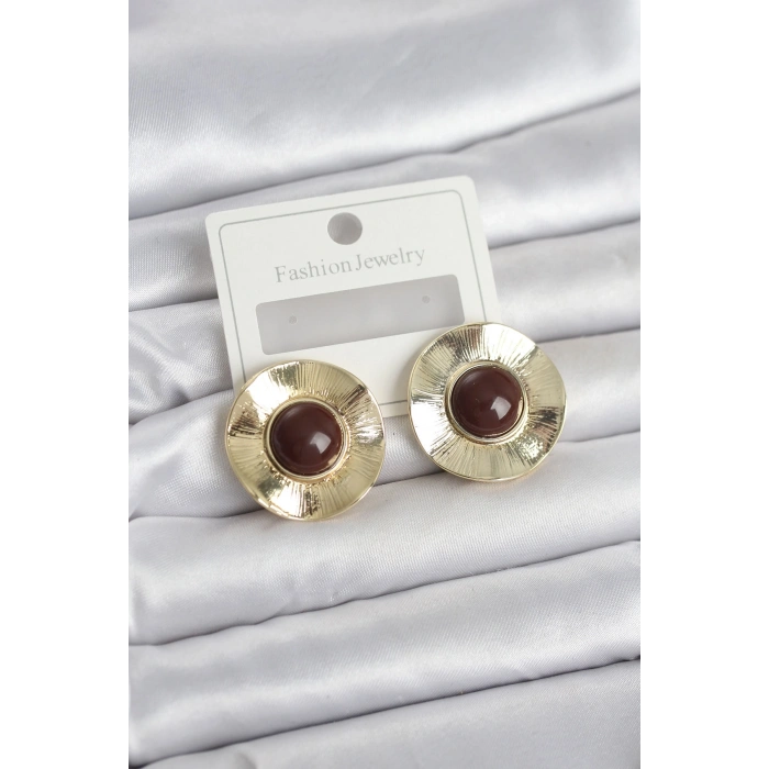 Mey İthalat® Vintage Model Kahverengi Gold Renk Pirinç Kadın Küpe