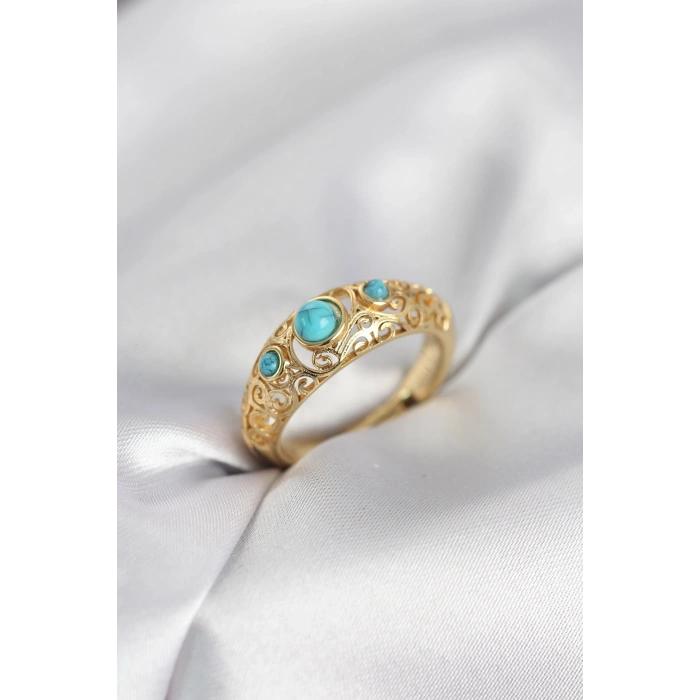 Mey İthalat® Vintage Model Mavi Taşlı Gold Renk Kadın Yüzük