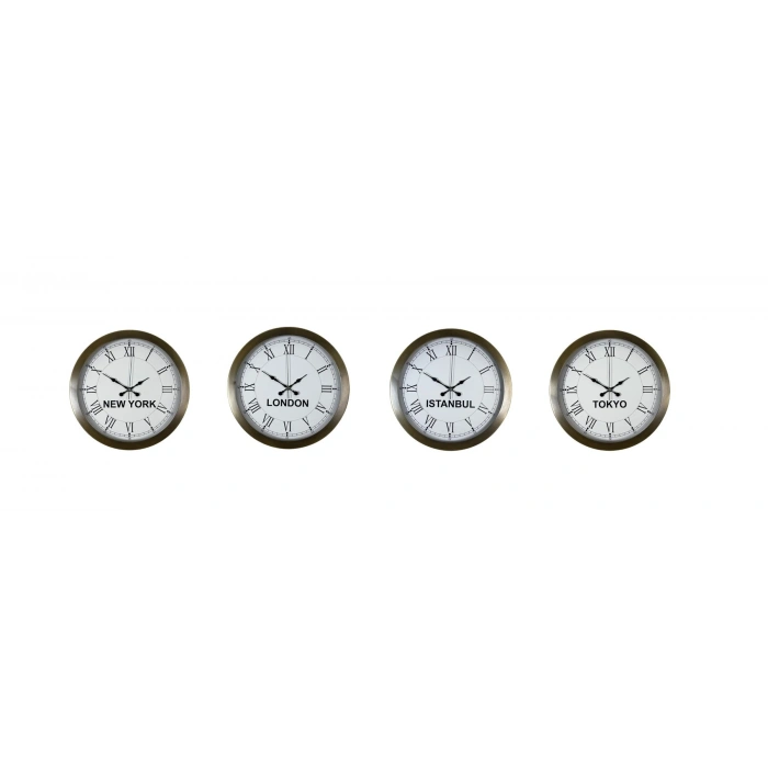 Mey İthalat® Vintage World 4’lü Metal Eskitme 36 cm Dünya Saati Seti