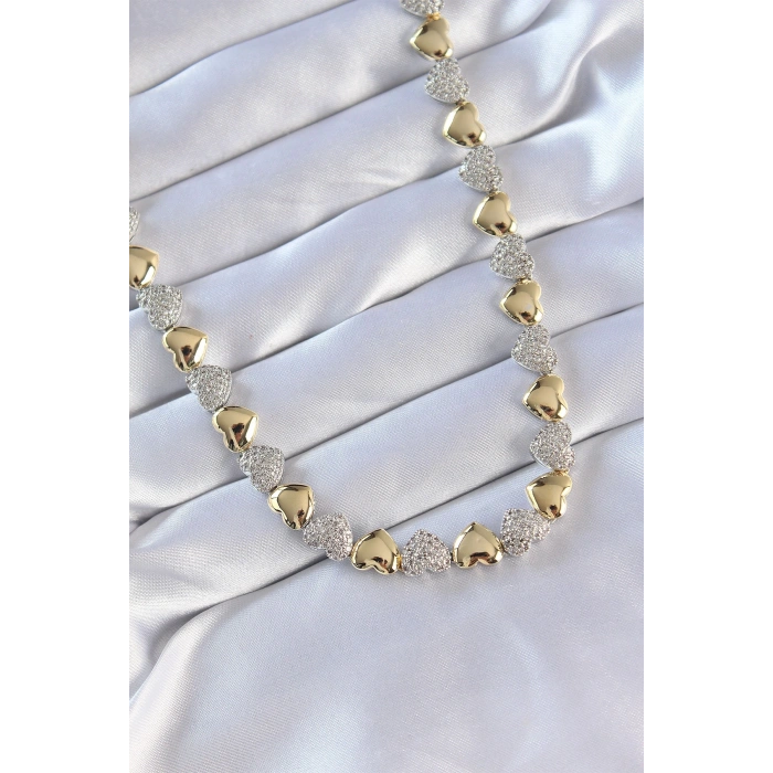 Mey İthalat® Vip Seri Pirinç Çift Renk Zirkon Taşlı Kalp Tasarımlı Kolye