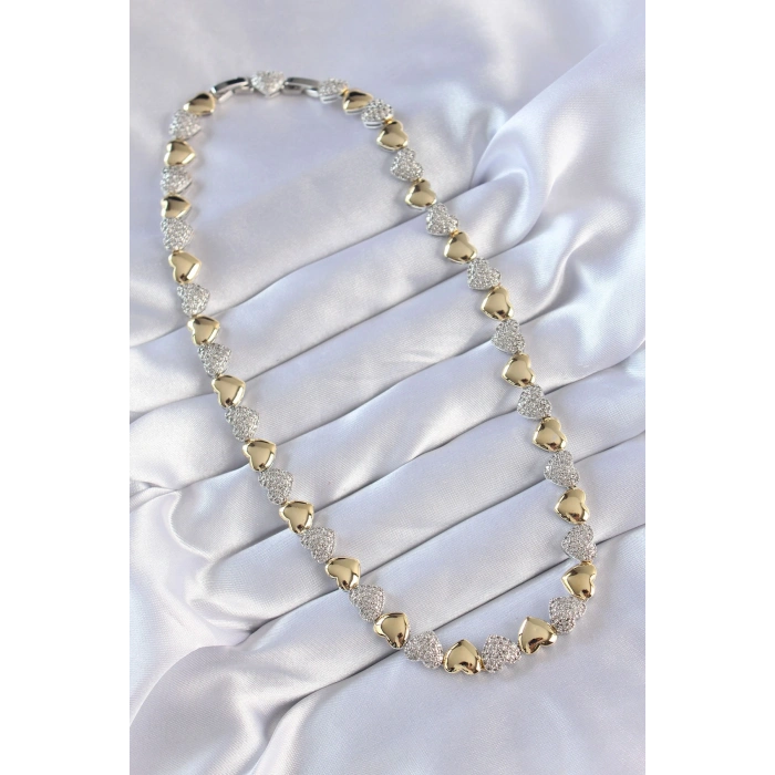 Mey İthalat® Vip Seri Pirinç Çift Renk Zirkon Taşlı Kalp Tasarımlı Kolye