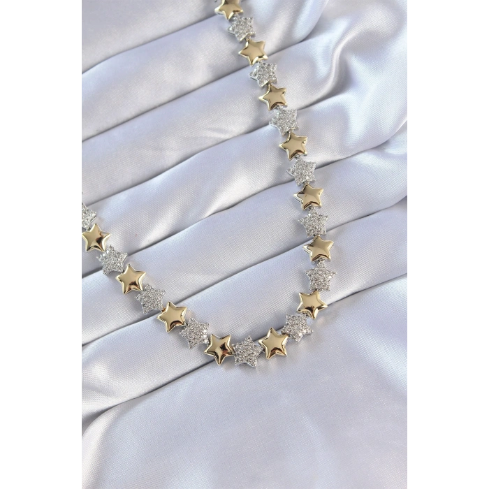 Mey İthalat® Vip Seri Pirinç Çift Renk Zirkon Taşlı Yıldız Tasarımlı Kolye