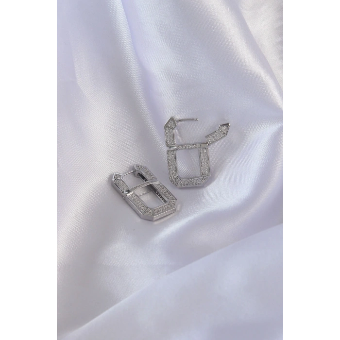 Mey İthalat® Vip Seri Pirinç Gümüş Renk Zirkon Taşlı Serenay Küpesi