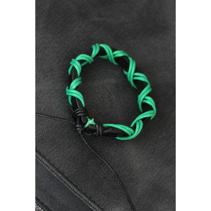 Mey İthalat® Yeşil İpli Siyah Renk Deri Erkek Bileklik