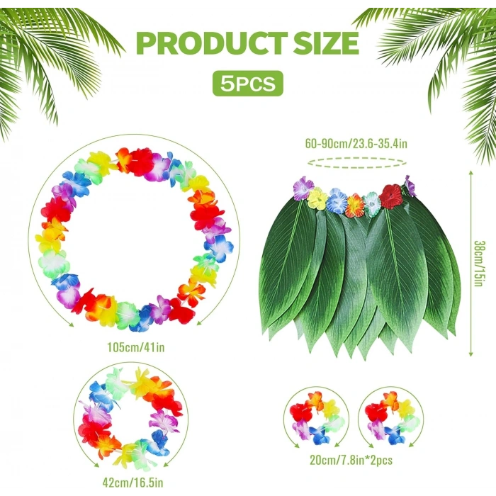 Mey İthalat® Yetişkin Hawaii Kostüm Seti - Yaprak Etek & Hawaii Set - 5 Parça