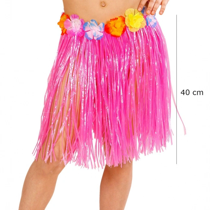 Mey İthalat® Yetişkin ve Çocuk Uyumlu Pembe Renk Püsküllü Hawaii Luau Hula Etek 40 cm
