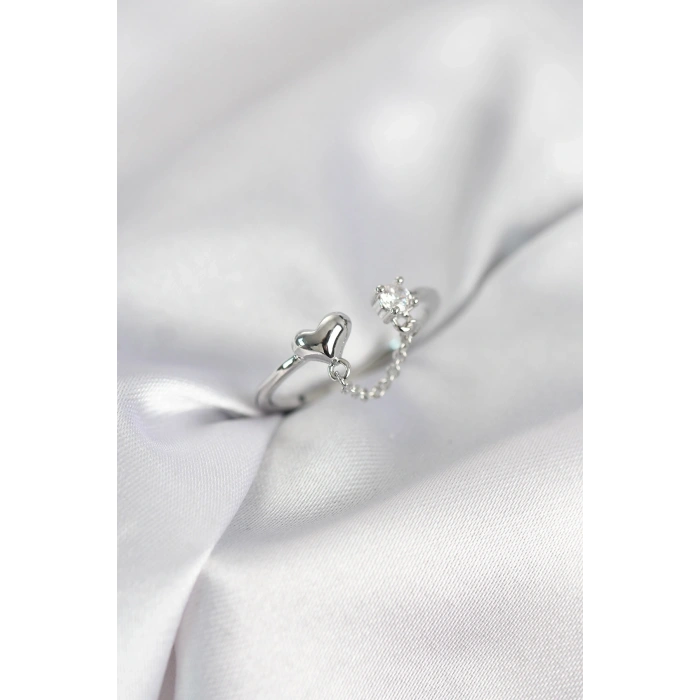 Mey İthalat® Zincir Sallantılı Kalp Model Gümüş Renk Kadın Yüzük