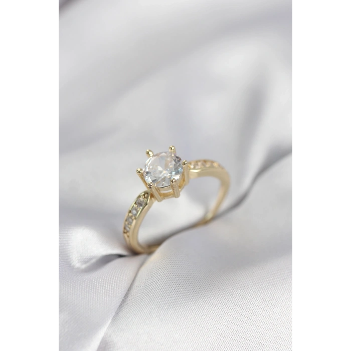 Mey İthalat® Zirkon Taşlı Tek Taş Model Gold Renk Kadın Yüzük