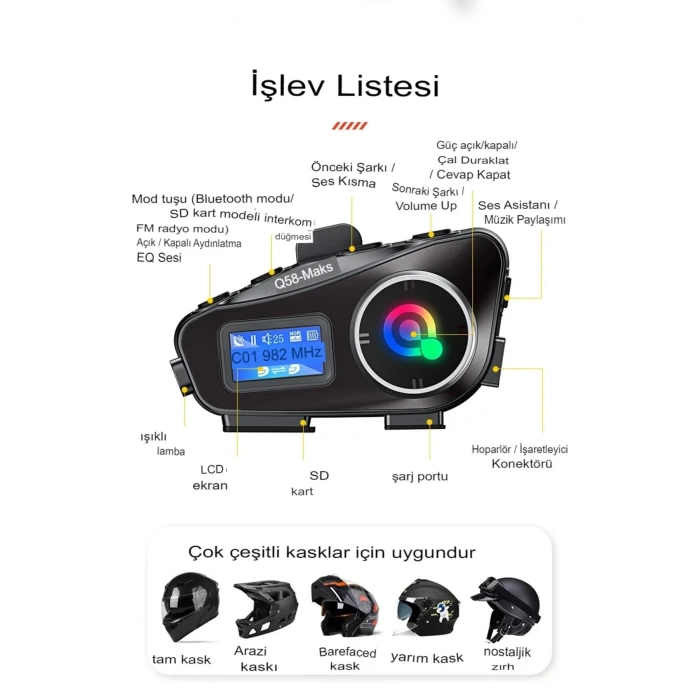 Q58-max Radyolu 2 Kişi Bağlantılı Bluetooth Kask Kulaklık Ekranlı Fenerli Müzik Ve Telsiz Intercom