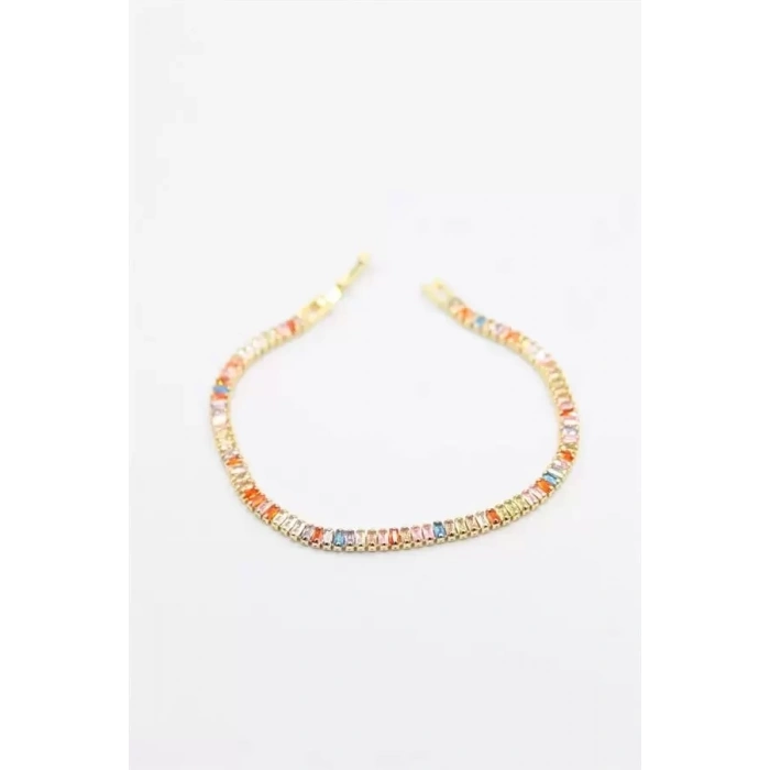Renkli Baget Taşlı Bileklik - Altın