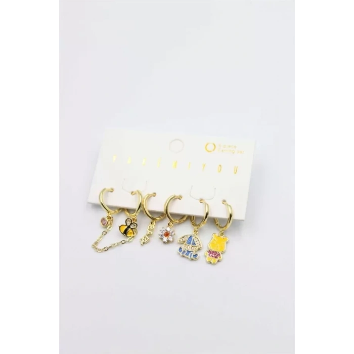 Renkli Taşlı Set Küpe - Altın