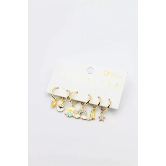 Renkli Taşlı Set Küpe - Altın