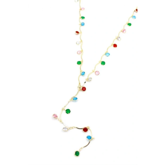 Renkli Taşlı Y Kolye - Altın