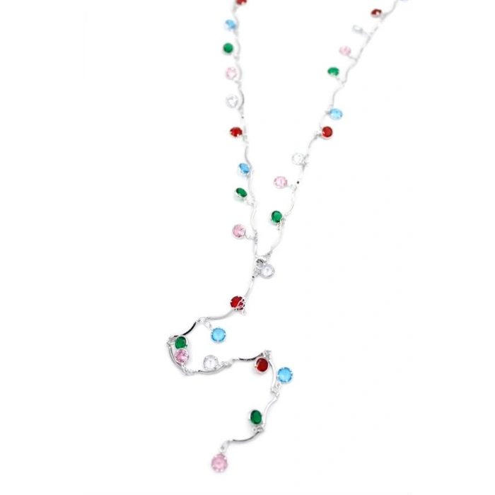 Renkli Taşlı Y Kolye - Gümüş