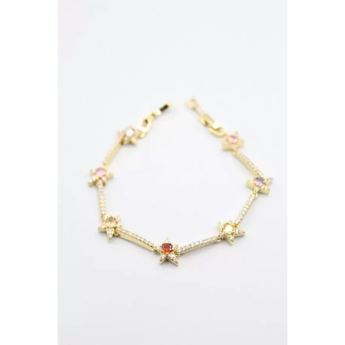 Renkli Taşlı Yıldız Bileklik - Altın