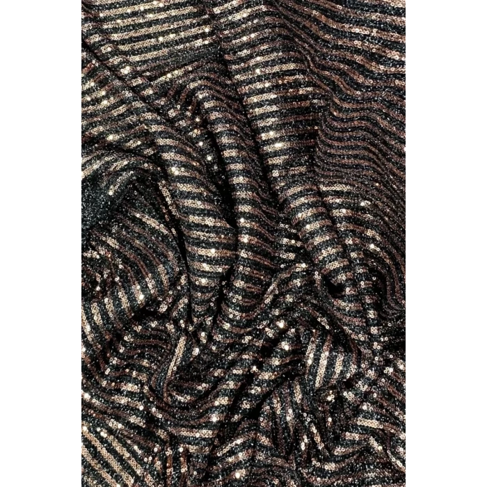 Sakallı Çizgili Pullu Kumaş  Pullu Payet Kumaş Abiye Nişan Düğün Siyah Bakır