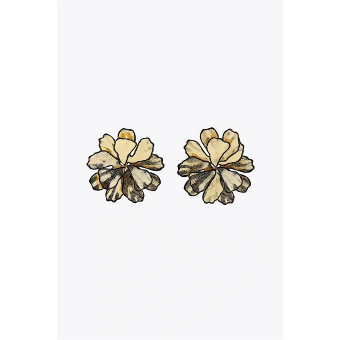 Siyah Detaylı Çiçek Küpe - Altın