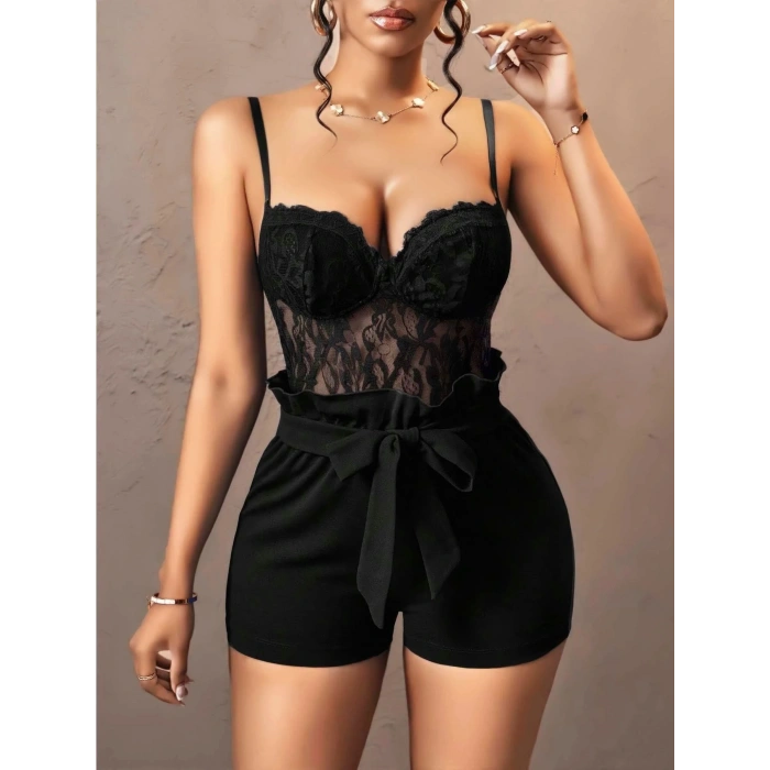 Siyah Kuşak ve Dantel Detaylı Fantezi Elbise