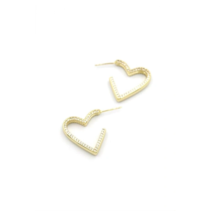 Taşlı Kalp Küpe - 14K Altın