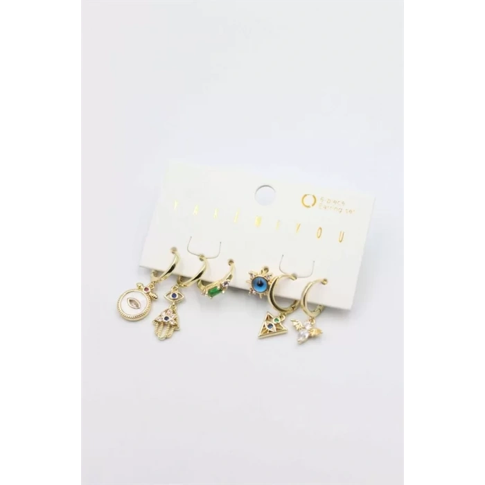 Taşlı Set Küpe - Altın