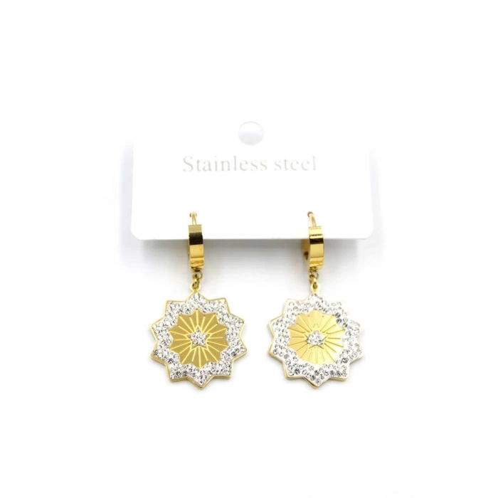 Taşlı Yıldız Çelik Halka Küpe - Altın