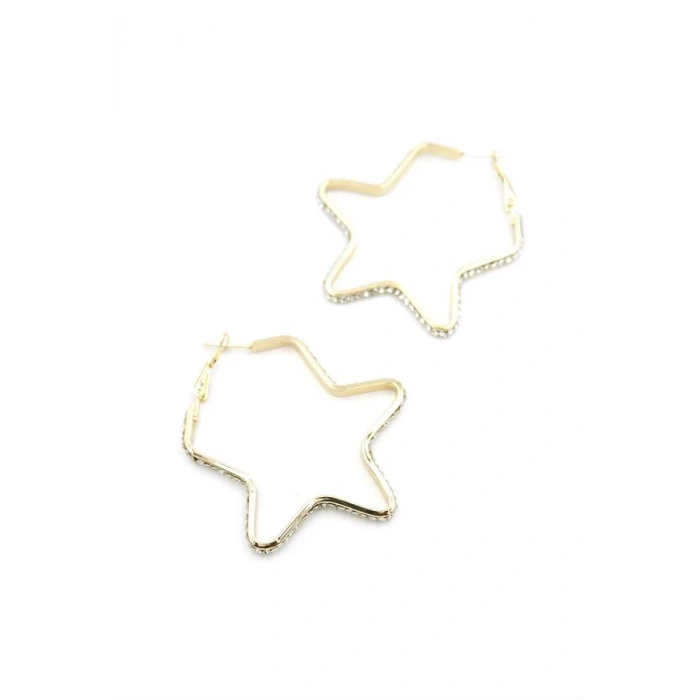 Taşlı Yıldız Halka Küpe - Altın