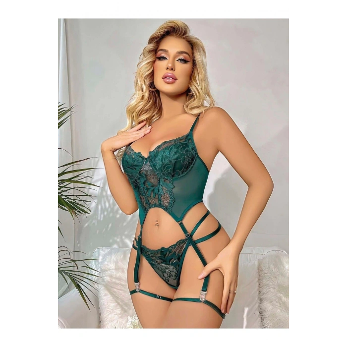 Transparan Yeşil Dantel İşlemeli Büstiyerli Jartiyer Takımı