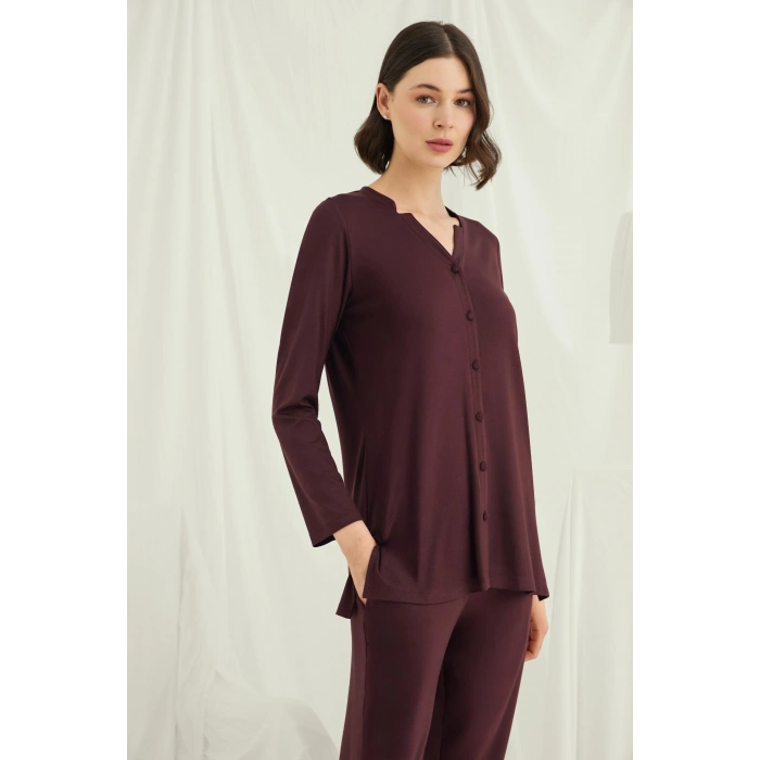 Uzun Kollu Boydan Düğmeli V Yaka Pijama Takımı