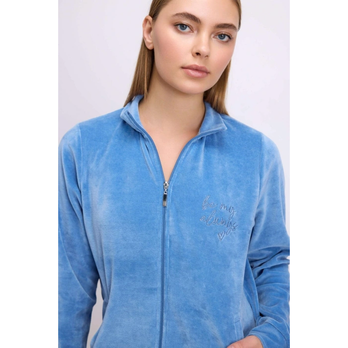 Uzun Kollu Fermuarlı Kadife Sweatshirt ve Pantolon Pijama Takımı