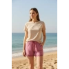 Bambu Fitilli Kadın Ev Şortu Bacak Dantel Detaylı Ev Giyim Fuşya