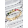 Mey İthalat® Pirinç Karışık Zirkon Taşlı Kare Model Gold Renk Lastikli Kadın Bileklik