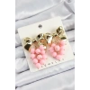 BFS Pirinç Sallantılı Pembe Boncuklu Fiyonk Vintage Model Gold Renk Kadın Küpe