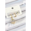 BFS Pirinç Zirkon Taşlı Göz Ve Baykuş Model Gold Renk 3lü Çift Kadın Küpe Set