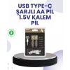 BFS Type-C USB ile Hızlı Şarj Edilebilir AA Kalem Pil | 1.5V Lityum | Çiftli Paket