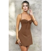 Özel Tasarım İnce Askılı Sırt Dekolteli Kahverengi Mini Saten Gecelik