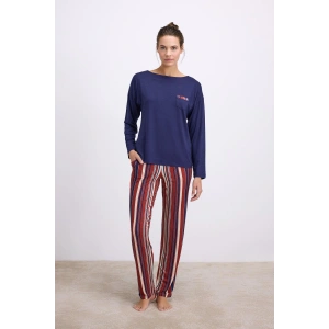 %100 Modal Lacivert Uzun Kollu T-Shirt ve Çizgili Pantolon Takımı