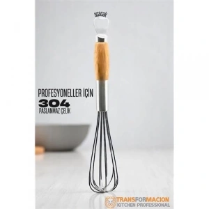 Ahşap Saplı Açacaklı Çırpıcı 304 Paslanmaz Çelik Yumurta ve Sos Çırpıcı Çırpma Teli