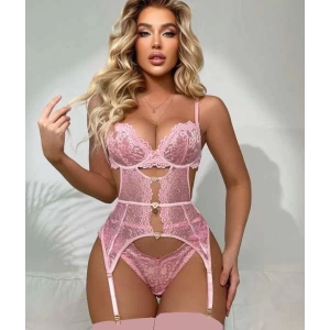 Arias Closet Kalp Aksesuarlı Dantelli Fantezi Pembe Jartiyer Takım