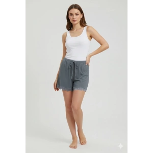 Bambu Fitilli Kadın Ev Şortu Bacak Dantel Detaylı Ev Giyim Gri