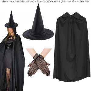 BFS 120 cm Siyah Yakalı Cadı Pelerini Cadı Şapkası ve 1 Çift Siyah Kısa File Tüm Eldiven Seti 3 Parça