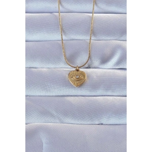 BFS 316L Altın Renk Zirkon Taşlı İşlemeli Göz Detay Kalp Kolye