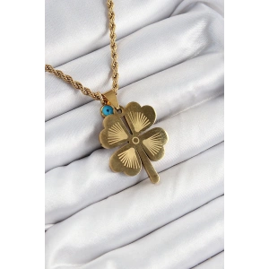 BFS 316L Çelik Burgu Zincirli Nazar Detaylı Yonca Model Gold Renk Kadın Kolye