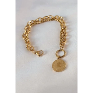 Mey İthalat® 316L Çelik Gold Renk 2li Zincir Model Çeyrek Altınlı Kadın Bileklik